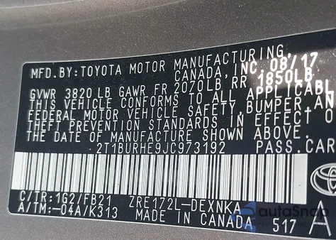 2018 Toyota Corolla Le z USA, uszkodzony, nr VIN 2T1BURHE9JC973192